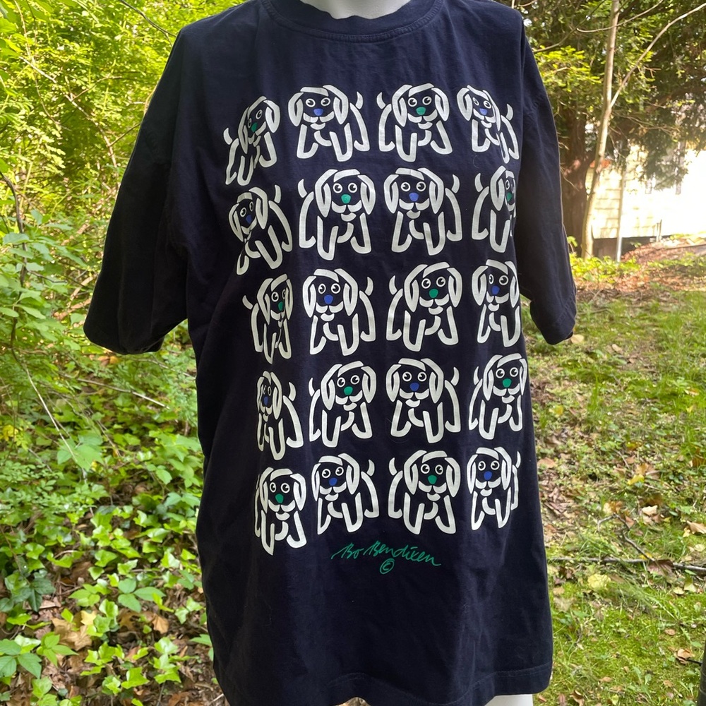 Bo Bendixen Danish Art Dogs  Graphic T-Shirt L Large 100% Cotton Navy Blue Vtg